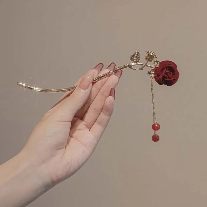 Velora™ Elegant Rose Flower Hair Stick with Tassel - Traditional Floral Hairpin