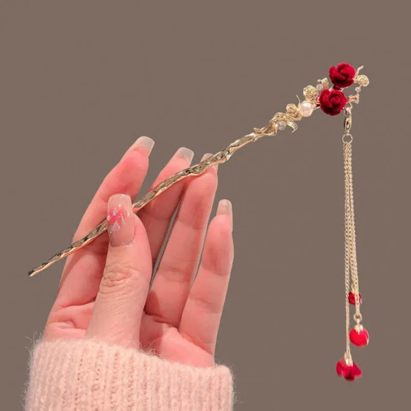 Velora™ Elegant Rose Flower Hair Stick with Tassel - Traditional Floral Hairpin