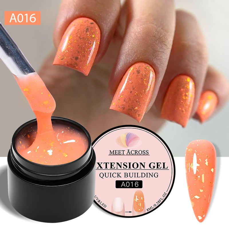 MEET ACROSS 8ml Glitter Extension Nail Gel Polish Sparkly Gold Foil DIY Nail Art For Nails Extender Manicure Long Lasting Vernis