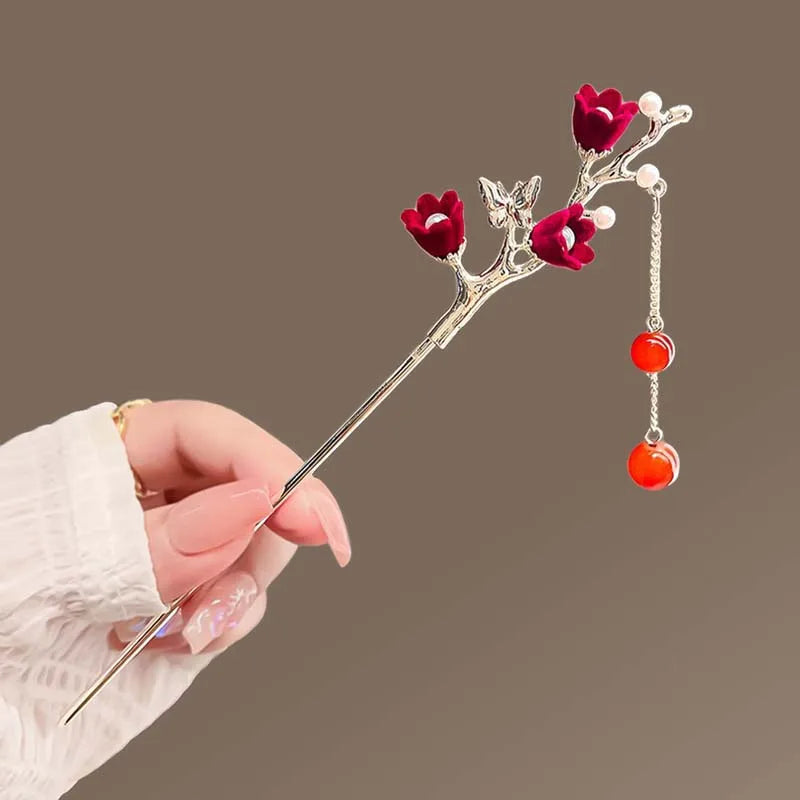 Velora™ Elegant Rose Flower Hair Stick with Tassel - Traditional Floral Hairpin