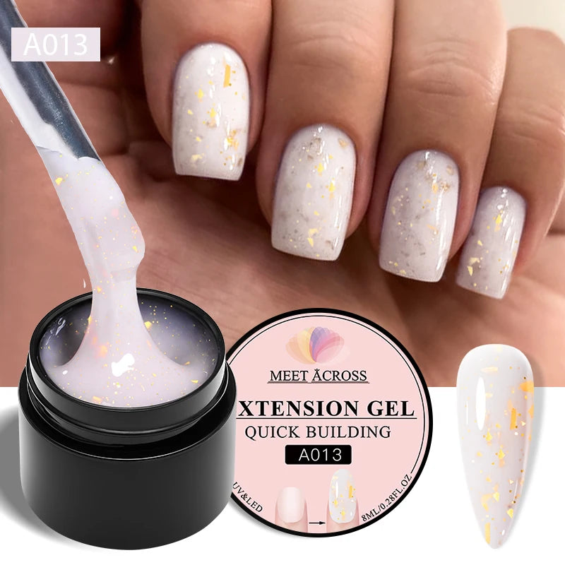 MEET ACROSS 8ml Glitter Extension Nail Gel Polish Sparkly Gold Foil DIY Nail Art For Nails Extender Manicure Long Lasting Vernis