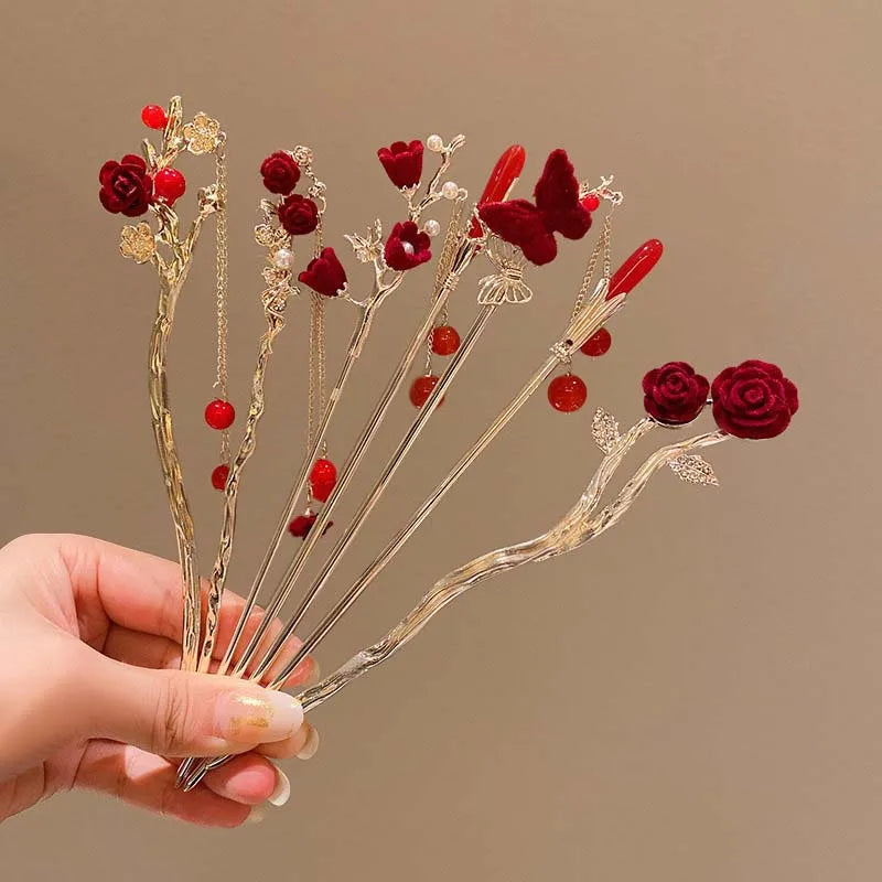 Velora™ Elegant Rose Flower Hair Stick with Tassel - Traditional Floral Hairpin