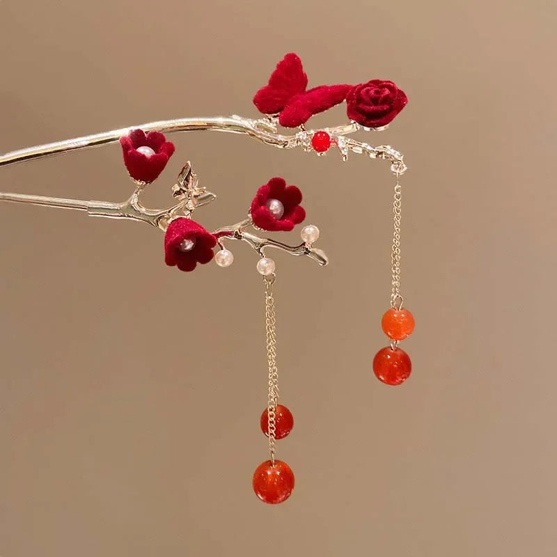 Velora™ Elegant Rose Flower Hair Stick with Tassel - Traditional Floral Hairpin