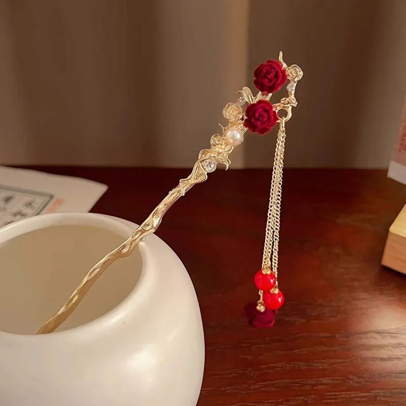 Velora™ Elegant Rose Flower Hair Stick with Tassel - Traditional Floral Hairpin
