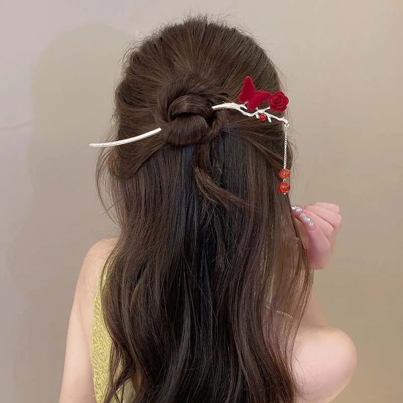 Velora™ Elegant Rose Flower Hair Stick with Tassel - Traditional Floral Hairpin