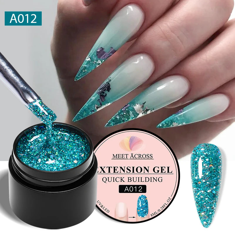 MEET ACROSS 8ml Glitter Extension Nail Gel Polish Sparkly Gold Foil DIY Nail Art For Nails Extender Manicure Long Lasting Vernis