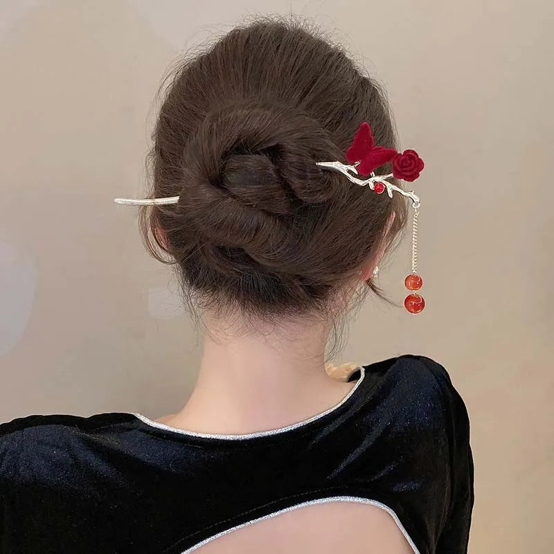 Velora™ Elegant Rose Flower Hair Stick with Tassel - Traditional Floral Hairpin
