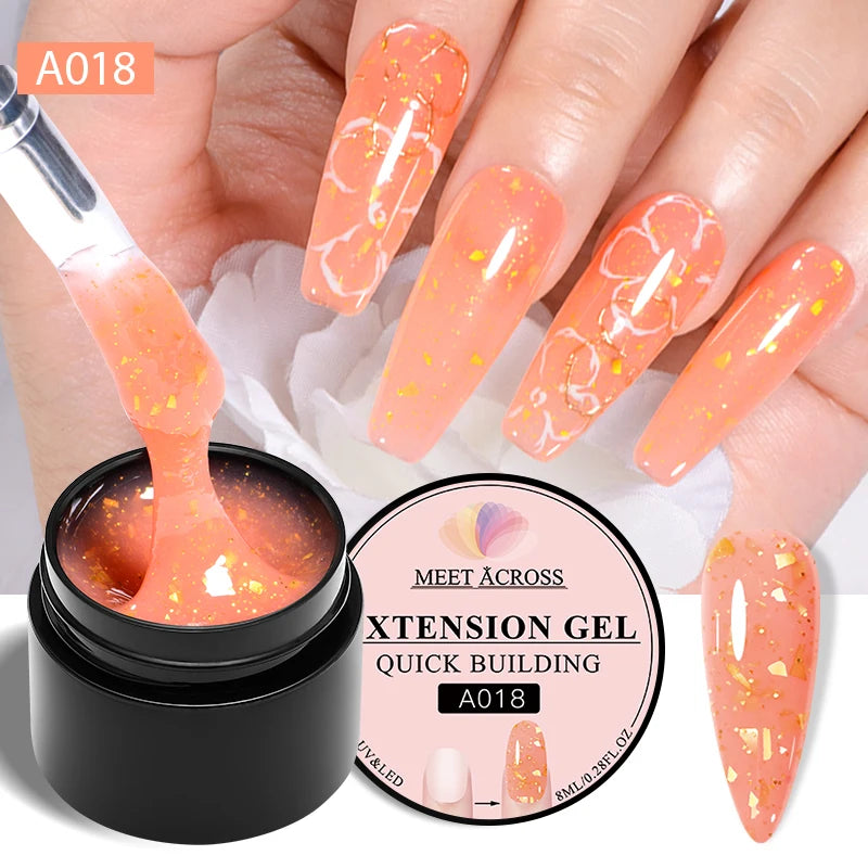 MEET ACROSS 8ml Glitter Extension Nail Gel Polish Sparkly Gold Foil DIY Nail Art For Nails Extender Manicure Long Lasting Vernis