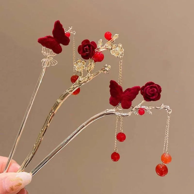 Velora™ Elegant Rose Flower Hair Stick with Tassel - Traditional Floral Hairpin
