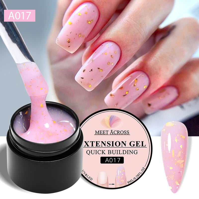MEET ACROSS 8ml Glitter Extension Nail Gel Polish Sparkly Gold Foil DIY Nail Art For Nails Extender Manicure Long Lasting Vernis