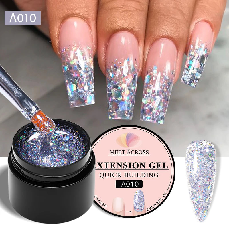 MEET ACROSS 8ml Glitter Extension Nail Gel Polish Sparkly Gold Foil DIY Nail Art For Nails Extender Manicure Long Lasting Vernis
