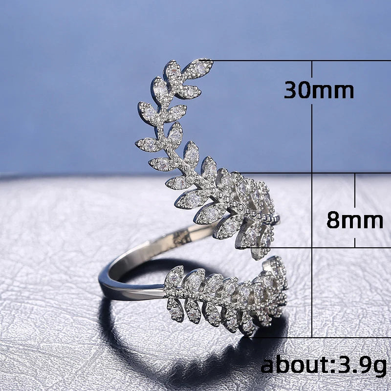 Huitan New Arrival Fashion Leaf Opening Ring for Women Wedding Party Delicate Finger Ring Cubic Zirconia Adjustable Ring Jewelry