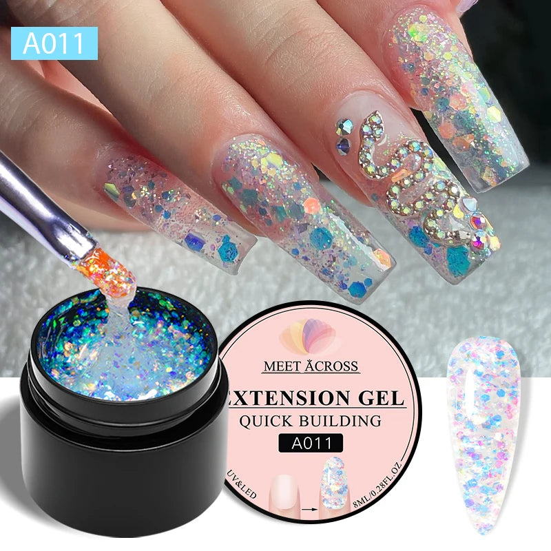 MEET ACROSS 8ml Glitter Extension Nail Gel Polish Sparkly Gold Foil DIY Nail Art For Nails Extender Manicure Long Lasting Vernis