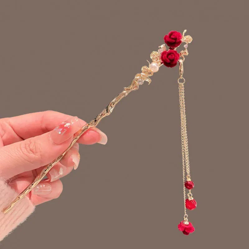 Velora™ Elegant Rose Flower Hair Stick with Tassel - Traditional Floral Hairpin